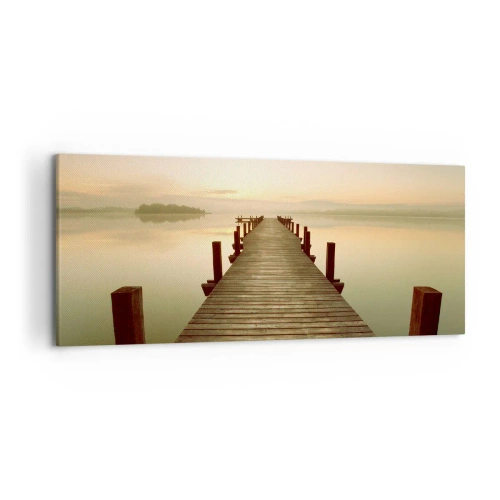 Impression sur toile - Image sur toile - Une jetée en bois sur un lac calme le matin - 120x50cm - L'aube, les premières lueurs, le jour  - Décoration murale moderne pour le salon et la chambre ARTTOR