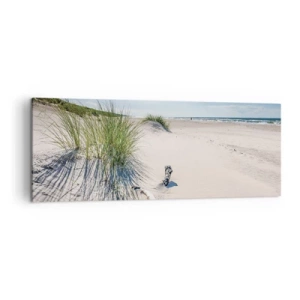 Impression sur toile - Image sur toile - Une plage baltique avec du sable, de l'herbe et un ciel bleu calme - 140x50cm - La plus belle? La Baltique - Décoration murale moderne pour le salon et la chambre ARTTOR