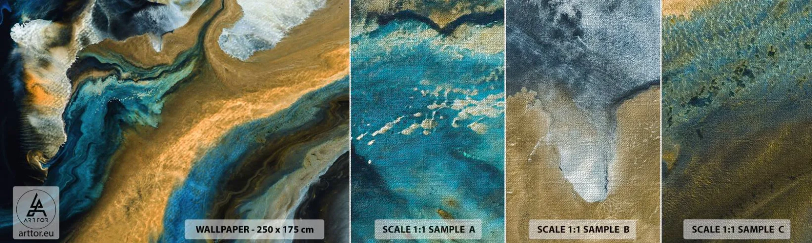 Échantillon de Papier Peint Premium Canvas - Bleu - jaune - influences mutuelles - Abstraction, Morceau, Graphique - 100x30 cm