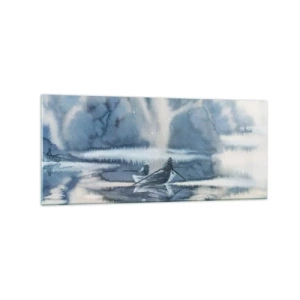 Impression sur verre - Image sur verre - Paysage à l'aquarelle avec des bateaux sur un lac entouré d'une forêt brumeuse - 120x50cm - Les pêcheurs dans leur paradis - Décoration murale moderne pour le salon et la chambre ARTTOR