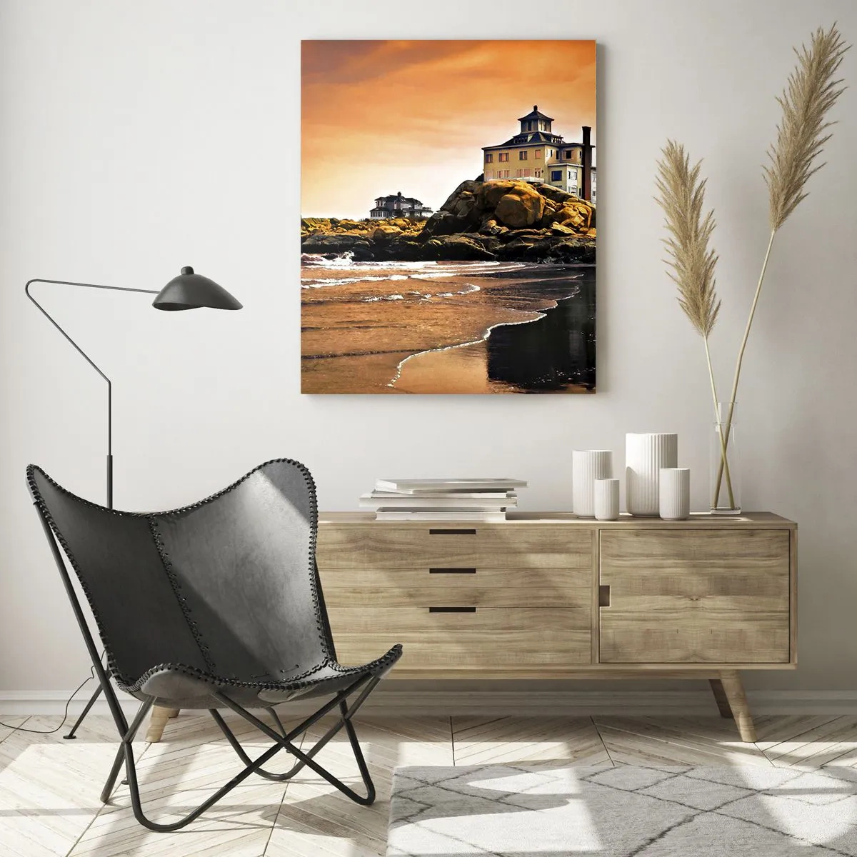 Impression sur verre - Image sur verre - Une maison sur un rocher près de la plage au coucher du soleil avec son reflet dans l'eau - 80x120cm - L'élégance de la côte ouest - Décoration murale moderne pour le salon et la chambre ARTTOR