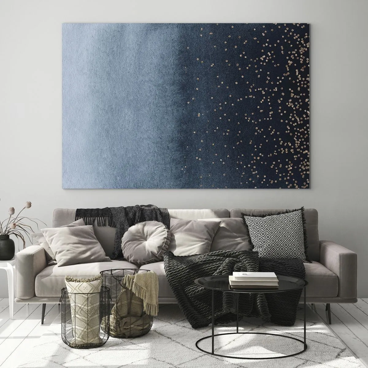 Impression sur verre - Image sur verre - Dégradés bleu marine avec de minuscules points dorés - 70x50cm - Composition - phases bleues - Décoration murale moderne pour le salon et la chambre ARTTOR