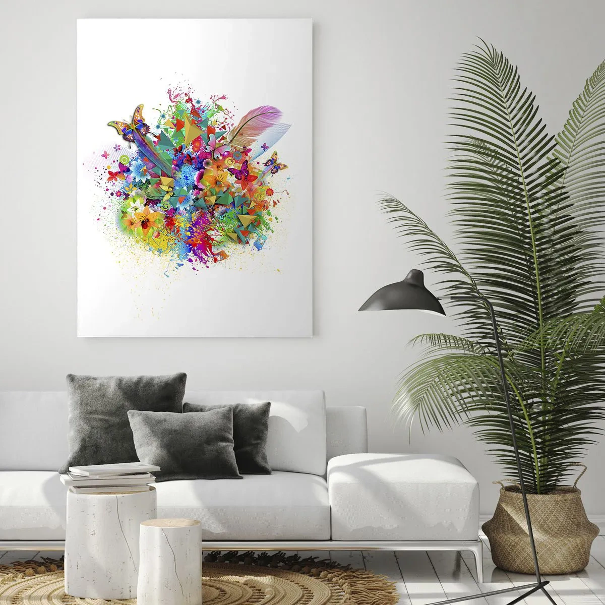 Impression sur verre - Image sur verre - Motif coloré avec des fleurs et des papillons - 70x100cm - Un bouquet de joie - Décoration murale moderne pour le salon et la chambre ARTTOR