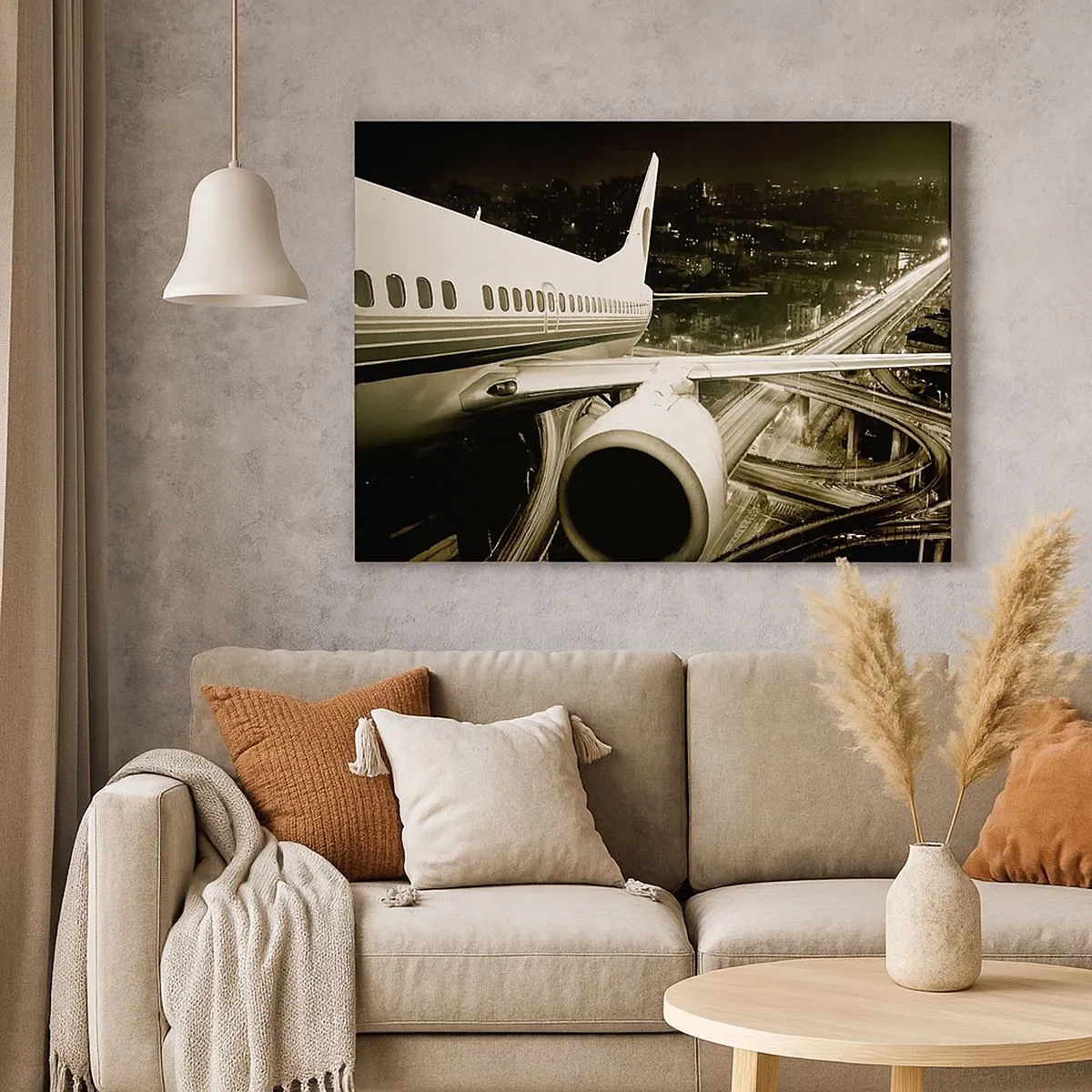 Impression sur toile - Image sur toile - Un avion au-dessus d'une ville nocturne avec des autoroutes illuminées - 70x50cm - Vole dans la nuit - Décoration murale moderne pour le salon et la chambre ARTTOR