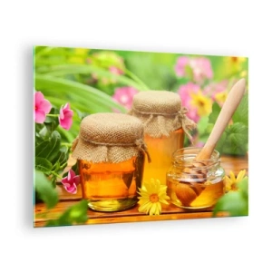 Impression sur verre - Image sur verre - Pots de miel sur fond de fleurs dans le jardin - 70x50cm - Doux et fleuri - Décoration murale moderne pour le salon et la chambre ARTTOR