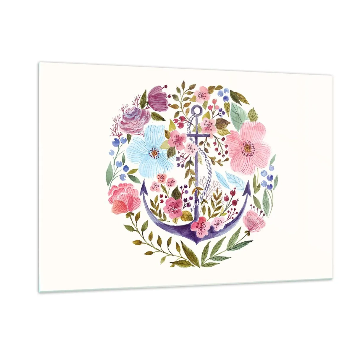 Impression sur verre - Image sur verre - Une ancre entourée de fleurs aquarelles colorées - 120x80cm - Le beau rêve du marin - Décoration murale moderne pour le salon et la chambre ARTTOR