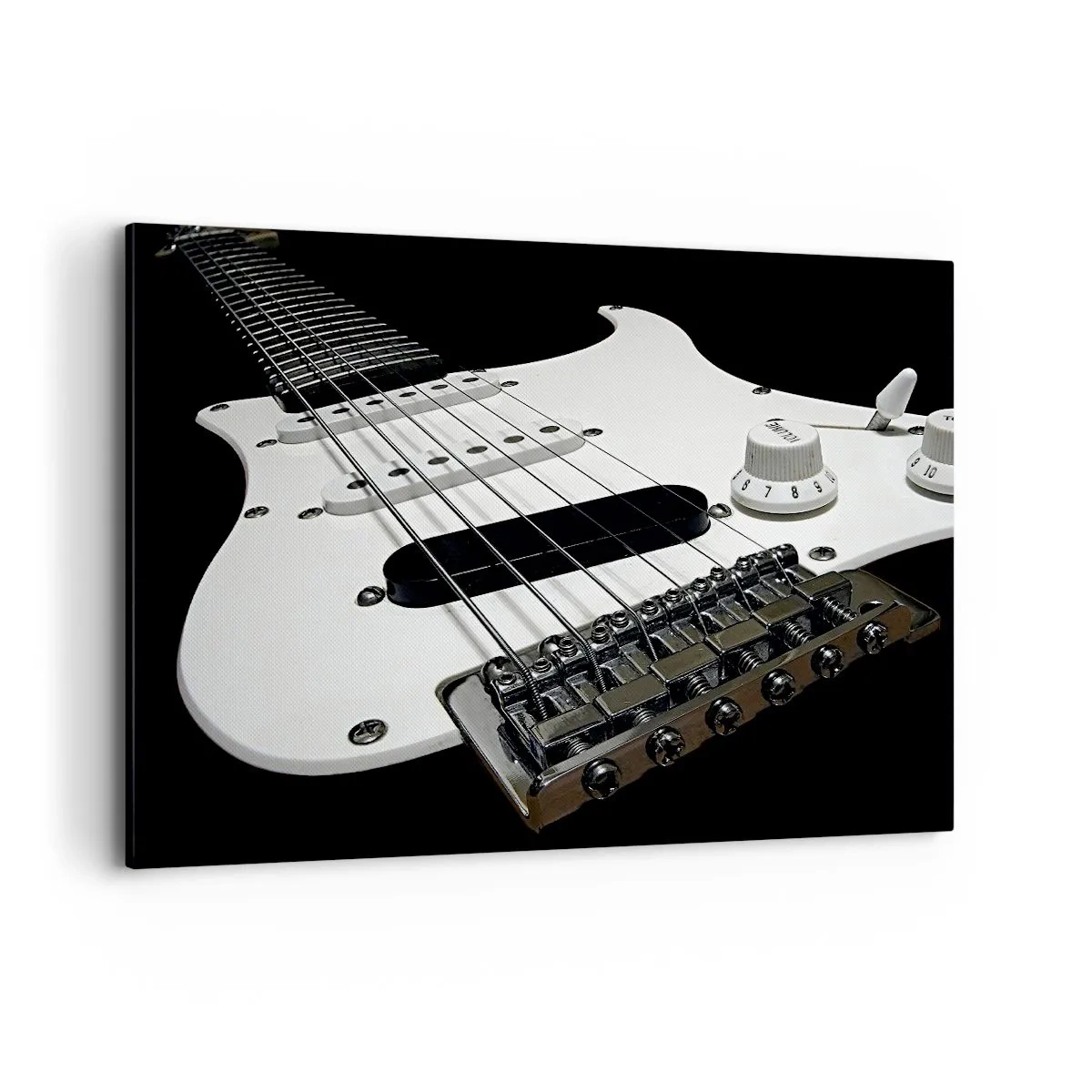 Impression sur toile - Image sur toile - Gros plan d'une guitare électrique blanche sur fond noir. - 120x80cm - Son caché en blanc - Décoration murale moderne pour le salon et la chambre ARTTOR