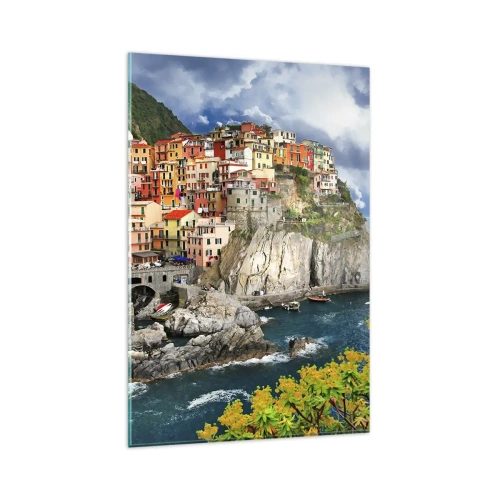 Impression sur verre - Image sur verre - Maisons colorées sur une falaise surplombant la mer aux Cinque Terre - 80x120cm - Un groupe embrassant les rochers - Décoration murale moderne pour le salon et la chambre ARTTOR
