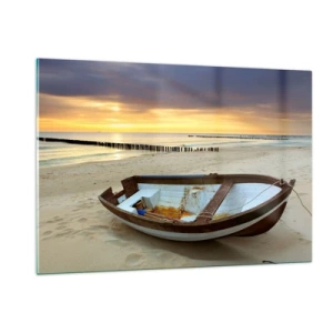 Impression sur verre - Image sur verre - Un bateau sur une plage de sable au lever du soleil - 120x80cm - Il n'y a pas de plus belles plages - Décoration murale moderne pour le salon et la chambre ARTTOR