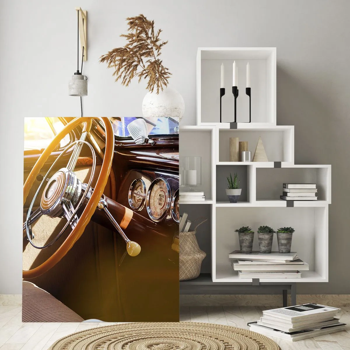 Impression sur verre - Image sur verre - Gros plan de l'intérieur d'une voiture classique avec des détails en bois et en chrome. - 70x100cm - Souffle de luxe venu du passé - Décoration murale moderne pour le salon et la chambre ARTTOR