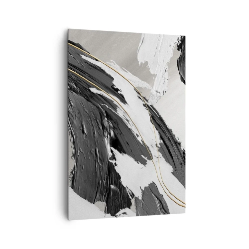 Impression sur toile - Image sur toile - Coups de pinceau noirs et blancs avec une subtile touche dorée - 70x100cm - L'abstraction à grande échelle - Décoration murale moderne pour le salon et la chambre ARTTOR