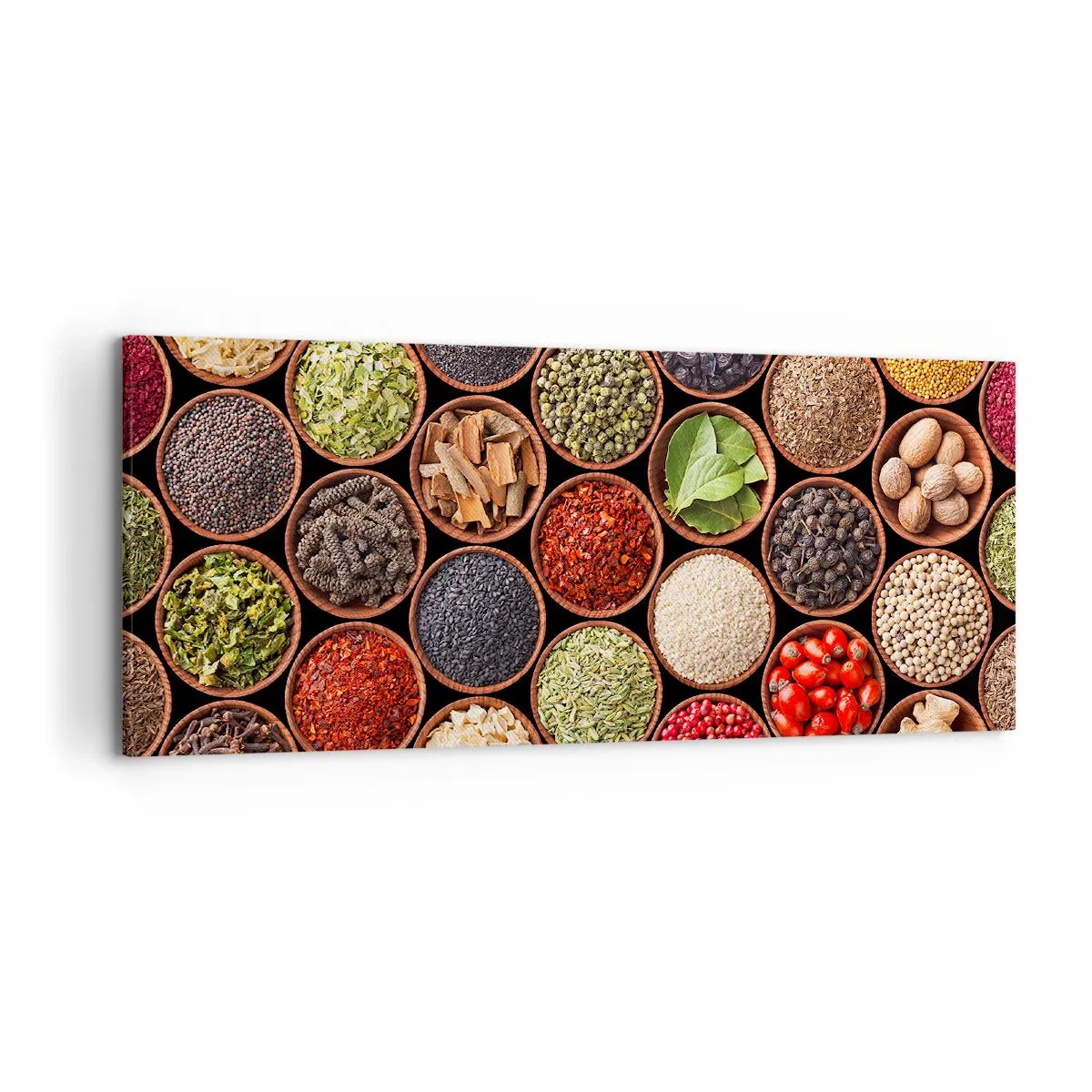 Impression sur toile - Image sur toile - Épices colorées dans des récipients ronds - 120x50cm - Toutes les saveurs du monde - Décoration murale moderne pour le salon et la chambre ARTTOR
