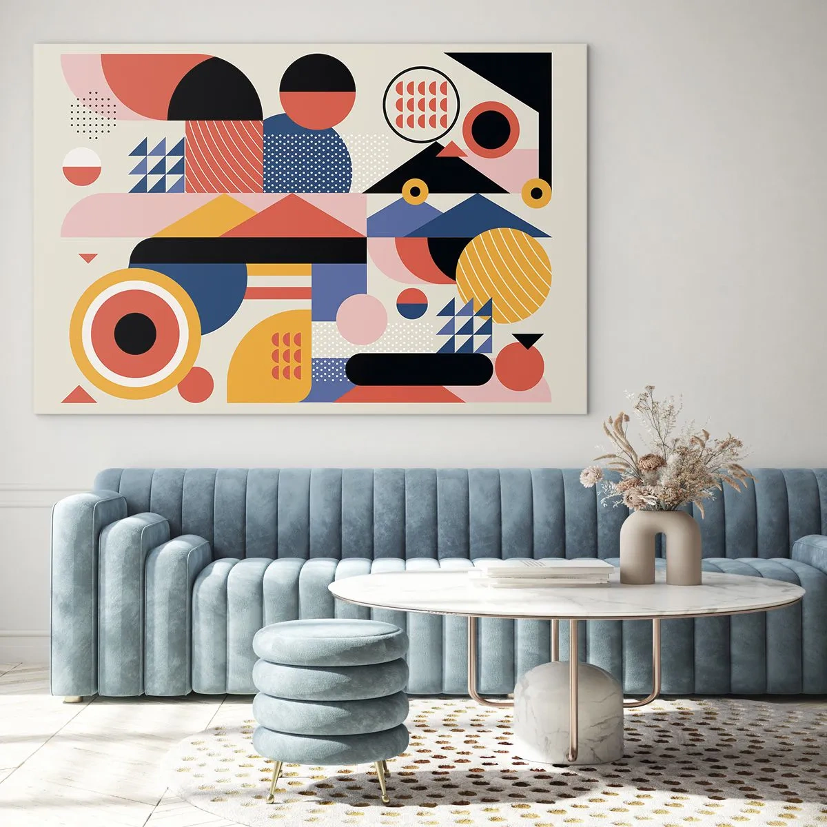 Impression sur verre - Image sur verre - Abstraction géométrique colorée avec des cercles et des triangles - 120x80cm - Composition : jouer - Décoration murale moderne pour le salon et la chambre ARTTOR