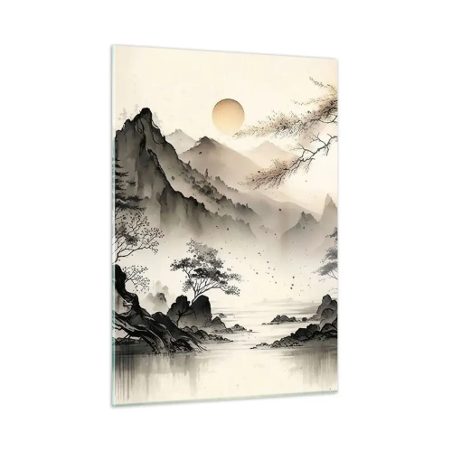 Impression sur verre - Image sur verre - Paysage de montagne oriental avec une pagode et des arbres - 50x70cm - Le charme unique de l'Orient - Décoration murale moderne pour le salon et la chambre ARTTOR