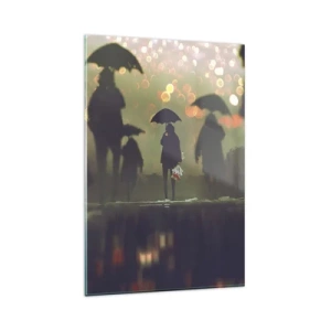 Impression sur verre - Image sur verre - Une silhouette avec un parapluie un soir pluvieux parmi les lumières de la ville - 80x120cm - Du point de vue d'une goutte de pluie - Décoration murale moderne pour le salon et la chambre ARTTOR