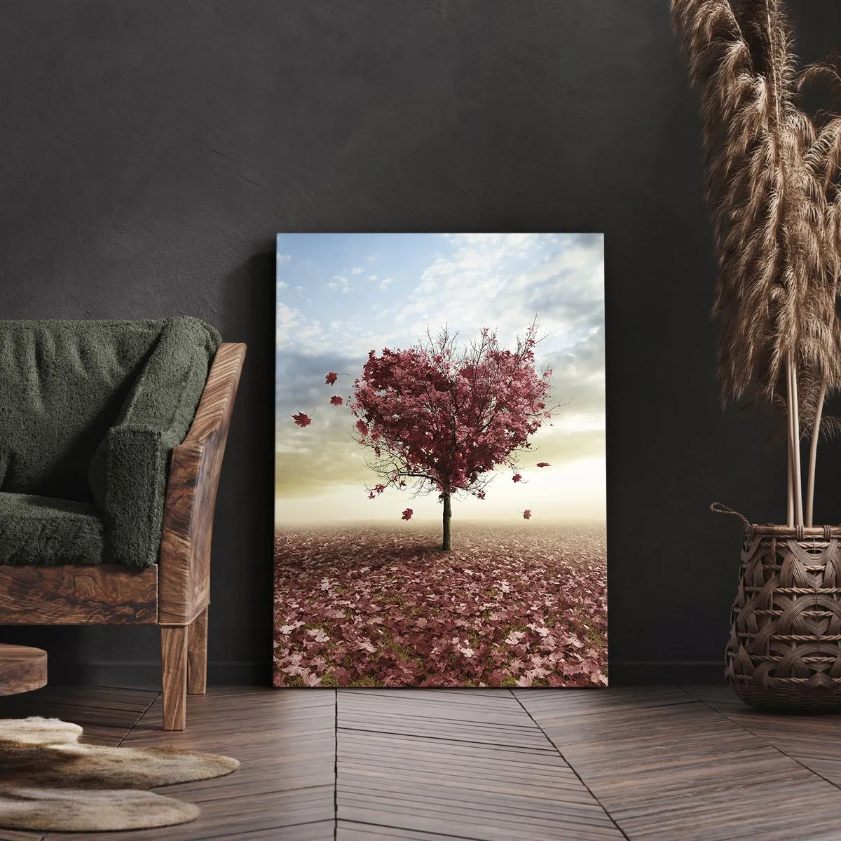 Impression sur toile - Image sur toile - Un arbre solitaire en forme de cœur dans un champ de feuilles rouges - 80x120cm - Vous allez aussi aimer l'automne - Décoration murale moderne pour le salon et la chambre ARTTOR