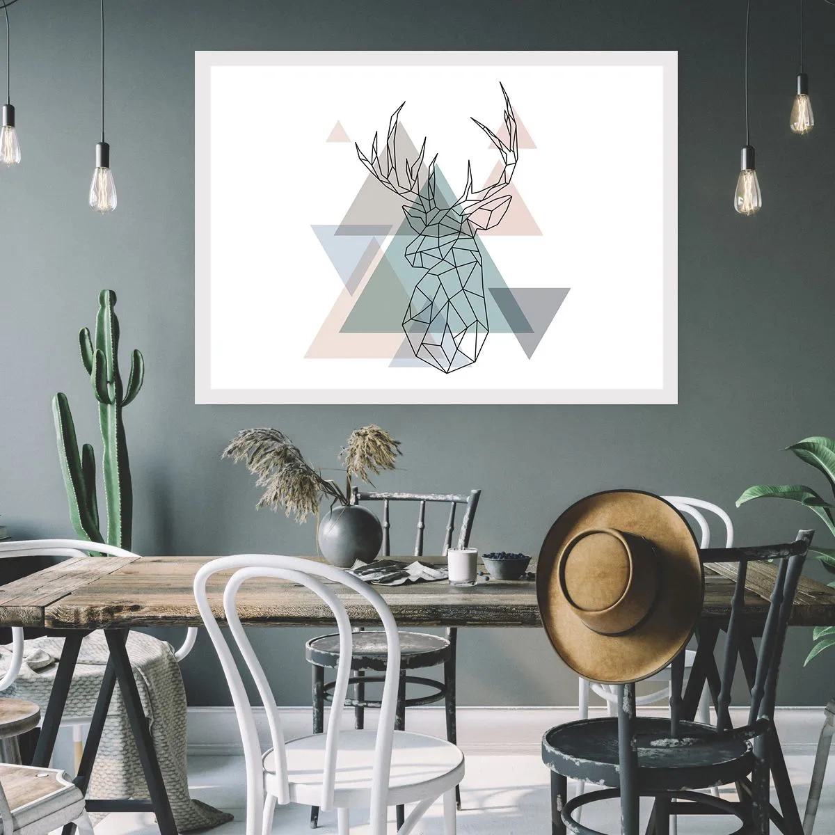 Affiche - Poster - Cerf géométrique sur fond de triangles pastel - 100x70cm - Dans une forêt géométrique - Décoration murale moderne pour le salon et la chambre ARTTOR