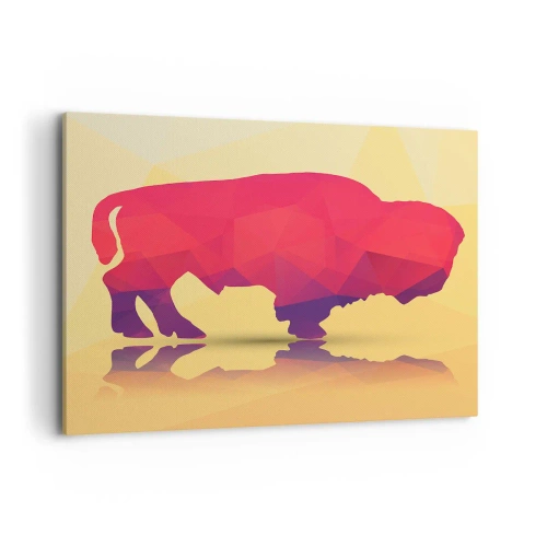 Impression sur toile - Image sur toile - Silhouette géométrique d'un bison dans les tons de rouge et de violet - 100x70cm - La force amarante du bison - Décoration murale moderne pour le salon et la chambre ARTTOR