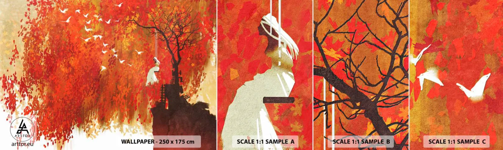 Échantillon De Papier Peint Standard Eco - S'envolera-t-il avec eux ? - Abstraction, Femme, Des oiseaux - 100x30 cm