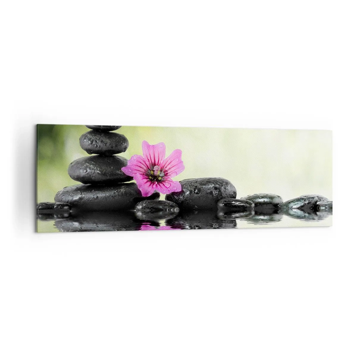 Impression sur toile - Image sur toile - Des pierres zen et une fleur rose se reflétant dans l'eau - 160x50cm - Temps pour l'âme - Décoration murale moderne pour le salon et la chambre ARTTOR