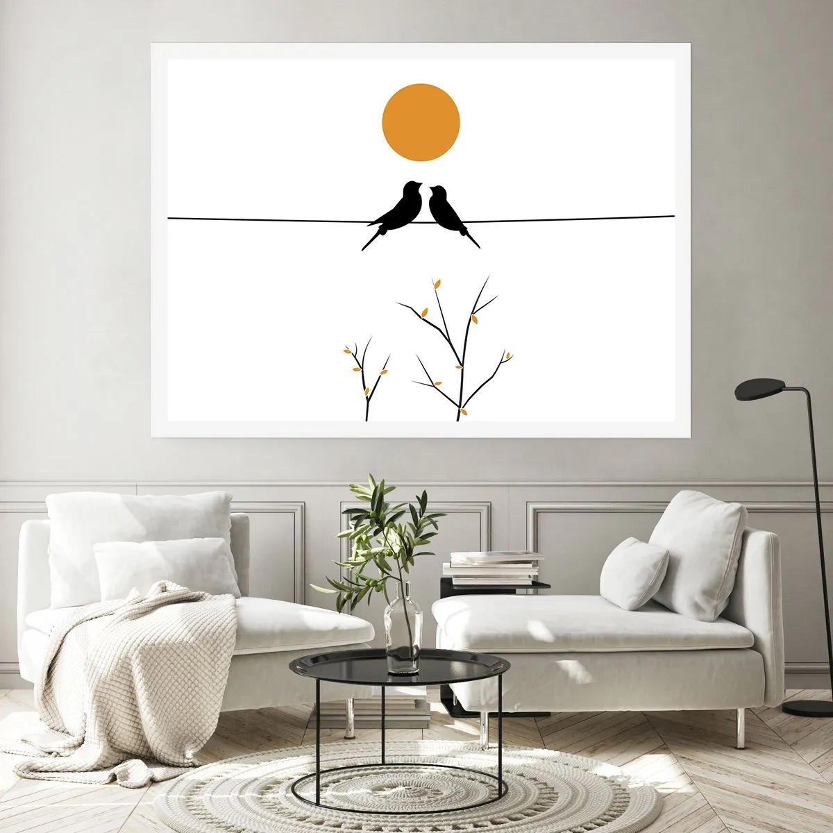 Affiche - Poster - Oiseaux sur une ligne avec un soleil jaune - 100x70cm - Soirée pour rossignols - Décoration murale moderne pour le salon et la chambre ARTTOR