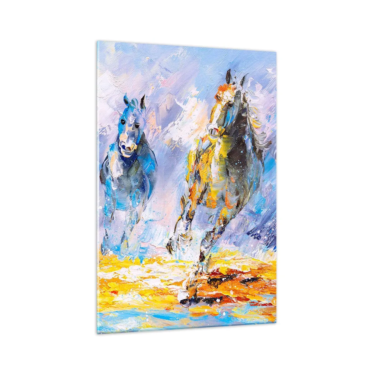 Impression sur verre - Image sur verre - Deux chevaux en mouvement sur fond de paysage abstrait - 70x100cm - À travers l'éblouissement du galop - Décoration murale moderne pour le salon et la chambre ARTTOR