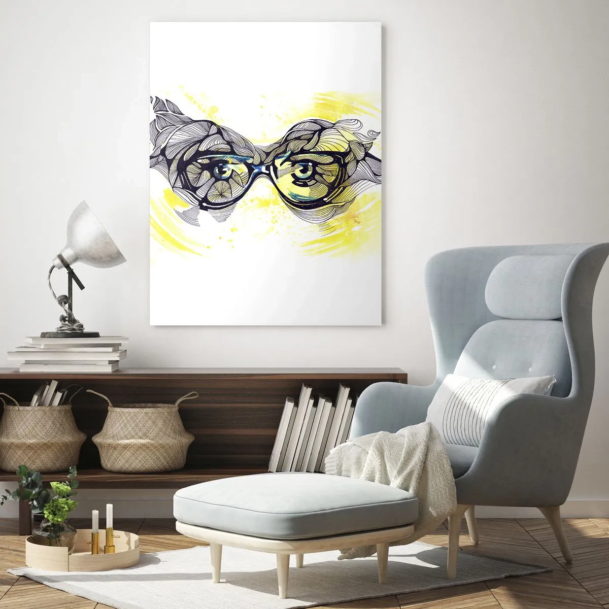 Impression sur verre - Image sur verre - Lunettes avec motifs artistiques et yeux sur fond jaune - 50x70cm - À travers des lunettes bleues - Décoration murale moderne pour le salon et la chambre ARTTOR
