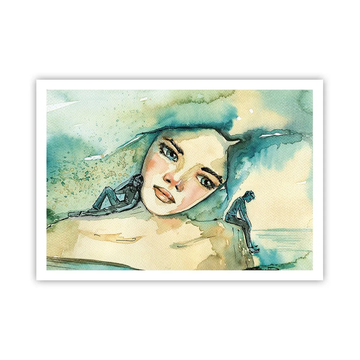 Affiche - Poster - Aquarelle d'un visage de femme avec un motif réfléchissant - 100x70cm - Suis-je bleu? - Décoration murale moderne pour le salon et la chambre ARTTOR