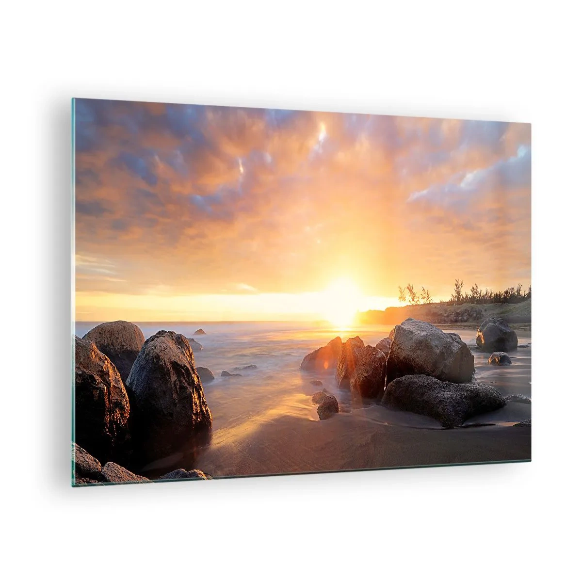 Impression sur verre - Image sur verre - Coucher de soleil sur la mer avec des pierres sur le rivage - 70x50cm - Brise lumineuse du soir - Décoration murale moderne pour le salon et la chambre ARTTOR