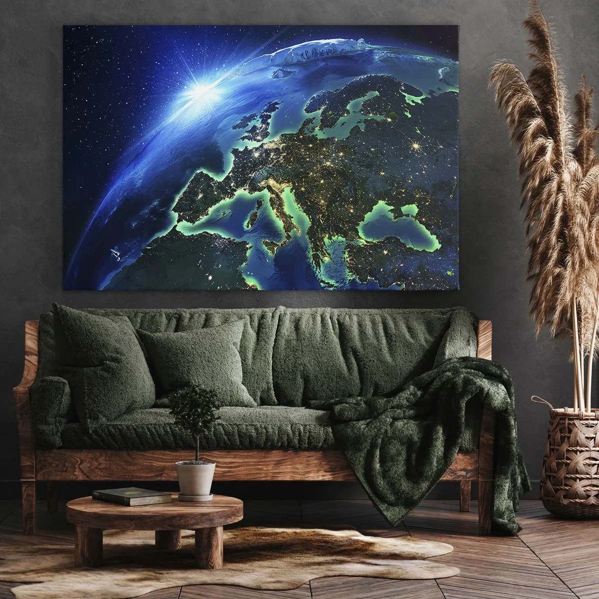 Impression sur toile - Image sur toile - Une vue d'Europe depuis l'espace à la lueur du soleil levant. - 120x80cm - Europe pétillante - Décoration murale moderne pour le salon et la chambre ARTTOR