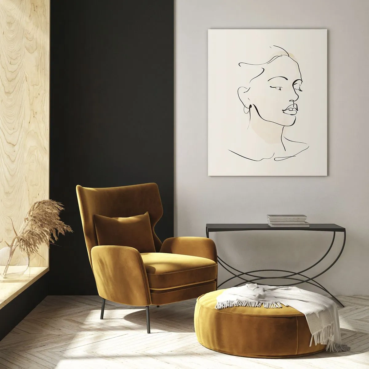 Impression sur verre - Image sur verre - Un portrait linéaire féminin sur un fond clair avec des ombres délicates. - 50x70cm - Une ligne certaine - Décoration murale moderne pour le salon et la chambre ARTTOR
