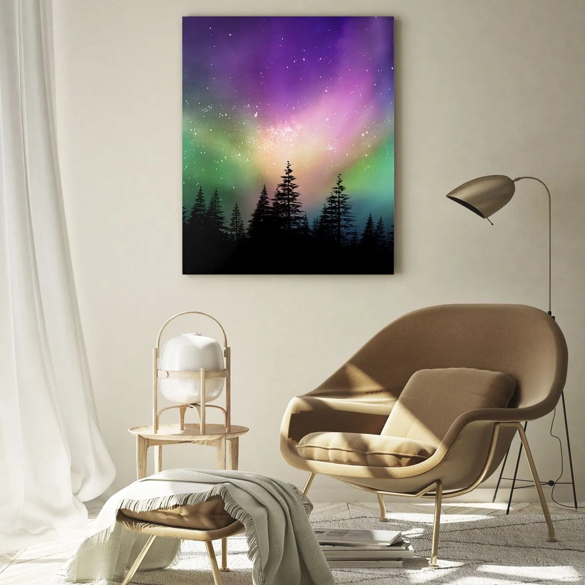 Impression sur verre - Image sur verre - Aurore boréale au-dessus d'une forêt avec un ciel étoilé - 80x120cm - Magie blanche - Décoration murale moderne pour le salon et la chambre ARTTOR