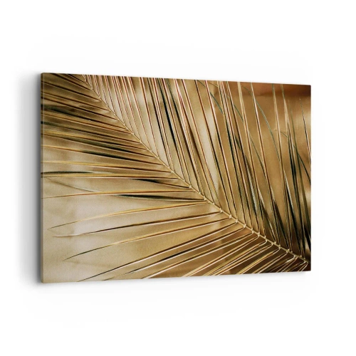 Impression sur toile - Image sur toile - Feuille de palmier dorée sur fond uni - 120x80cm - Colonnade naturelle - Décoration murale moderne pour le salon et la chambre ARTTOR