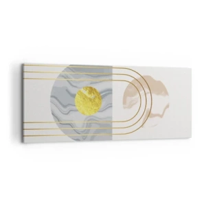 Impression sur toile - Image sur toile - Composition abstraite avec des cercles et des lignes dorées sur fond clair. - 120x50cm - Clareté et brillance - Décoration murale moderne pour le salon et la chambre ARTTOR