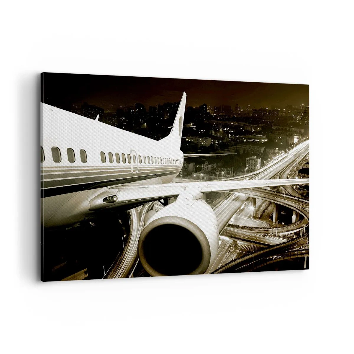 Impression sur toile - Image sur toile - Un avion au-dessus d'une ville nocturne avec des autoroutes illuminées - 100x70cm - Vole dans la nuit - Décoration murale moderne pour le salon et la chambre ARTTOR