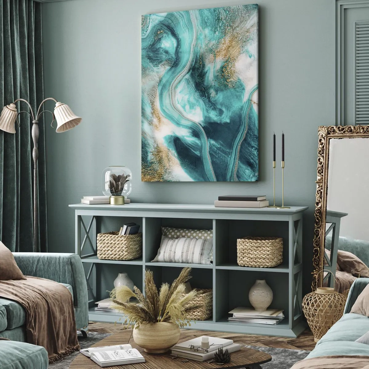 Impression sur toile - Image sur toile - Abstraction turquoise avec des accents blancs et dorés - 70x100cm - Rivière d'or - Décoration murale moderne pour le salon et la chambre ARTTOR