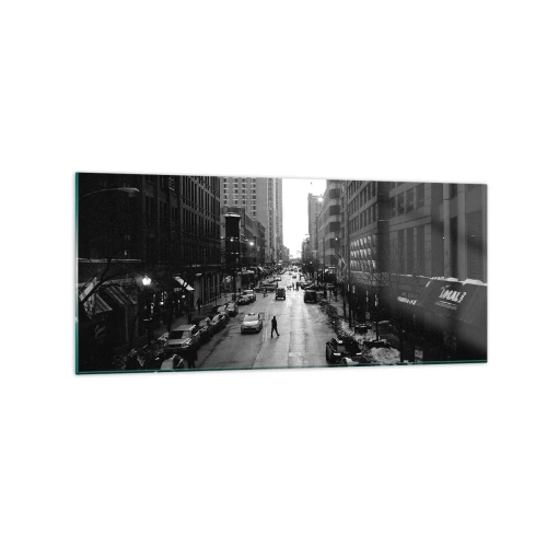 Impression sur verre - Image sur verre - Une rue en noir et blanc au milieu de la ville avec des voitures et des piétons - 120x50cm - Un autre jour comme tous les autres jours - Décoration murale moderne pour le salon et la chambre ARTTOR