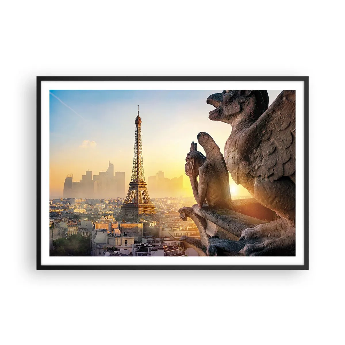 Affiche dans un cadre noir - Poster - Vue de la Tour Eiffel avec des gargouilles en arrière-plan - 100x70cm - Tellement de choses ont changés... - Décoration murale moderne pour le salon et la chambre ARTTOR