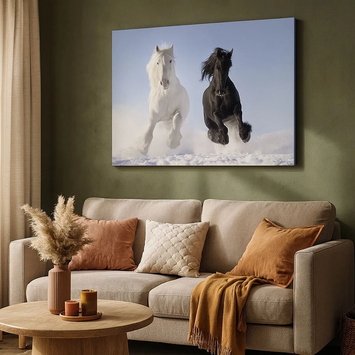 Impression sur toile - Image sur toile - Un cheval blanc et un cheval noir galopant dans la neige - 70x50cm - Galop noir et blanc - Décoration murale moderne pour le salon et la chambre ARTTOR