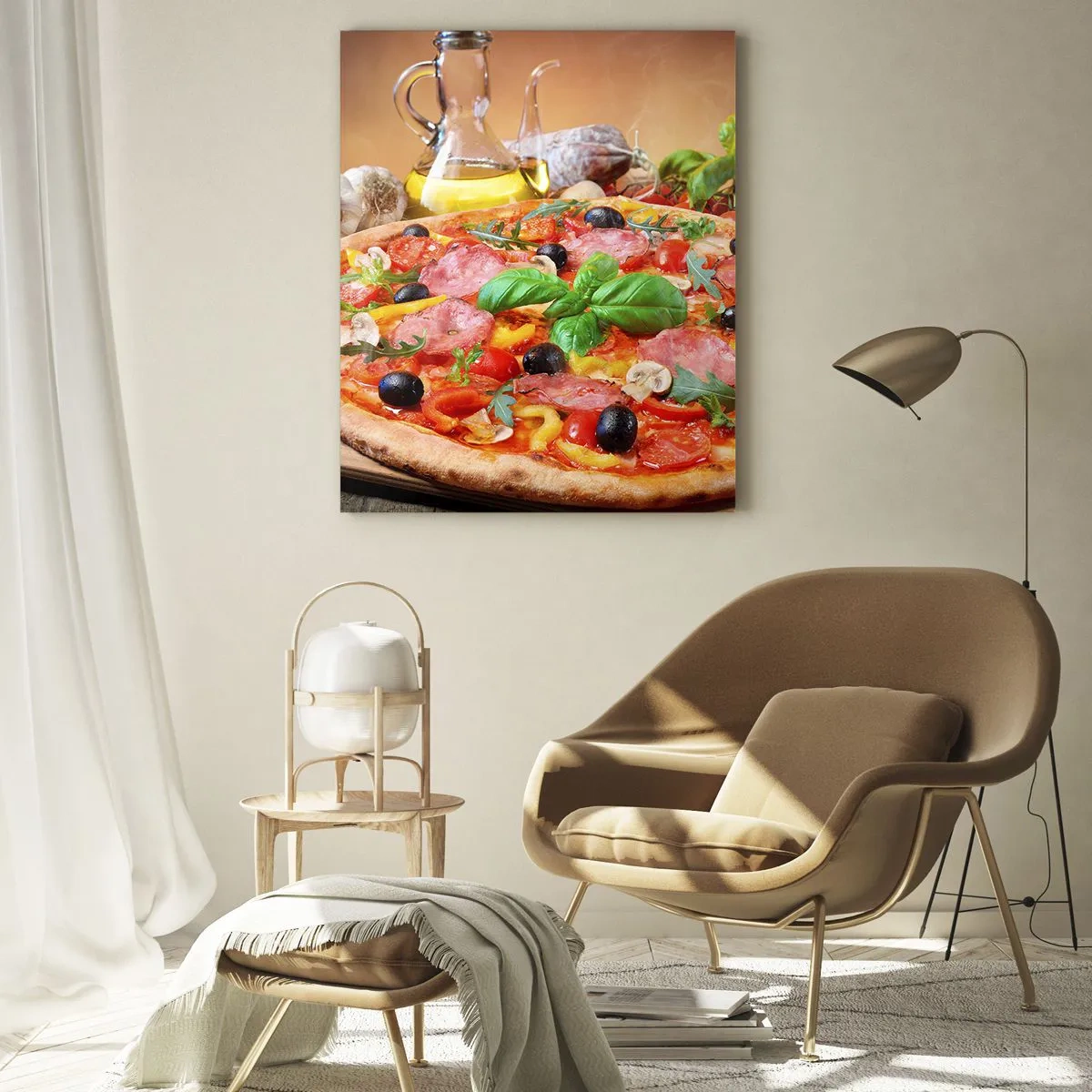 Impression sur verre - Image sur verre - Pizza appétissante sur une table en bois avec garnitures - 70x100cm - Avec une vraie saveur italienne - Décoration murale moderne pour le salon et la chambre ARTTOR