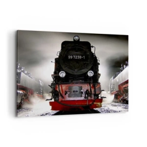 Impression sur toile - Image sur toile - Une locomotive à vapeur entourée de vapeur sur un ciel sombre dans un décor atmosphérique - 100x70cm - Il se lève et siffle, halète et souffle - Décoration murale moderne pour le salon et la chambre ARTTOR