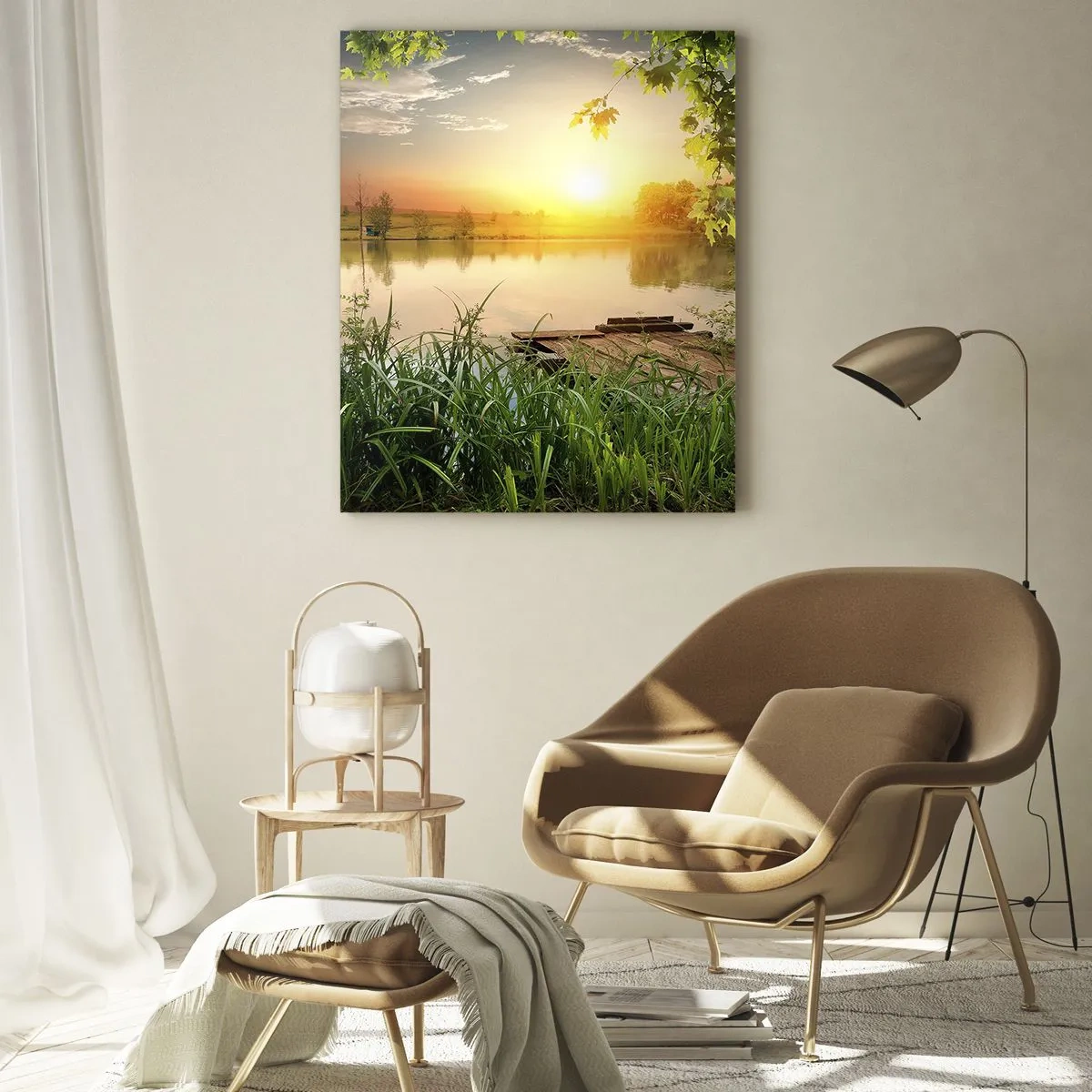 Impression sur verre - Image sur verre - Paysage avec un lac entouré de verdure au coucher du soleil - 50x70cm - Paysage dans un cadre verdoyant - Décoration murale moderne pour le salon et la chambre ARTTOR