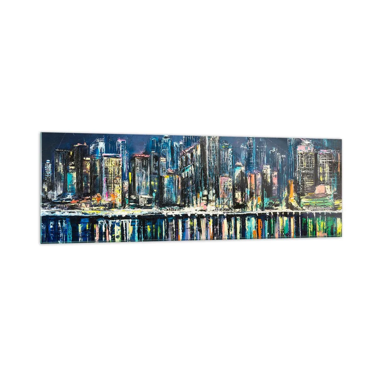 Impression sur verre - Image sur verre - Panorama de la ville nocturne reflétée dans l'eau - 160x50cm - Cascade de lumières - Décoration murale moderne pour le salon et la chambre ARTTOR