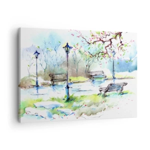 Impression sur toile - Image sur toile - Scène de parc à l'aquarelle avec bancs et lampes - 70x50cm - Le charme du silence d'un parc - Décoration murale moderne pour le salon et la chambre ARTTOR