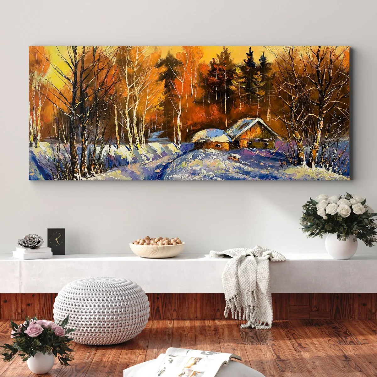 Impression sur toile - Image sur toile - Paysage d'hiver avec une maison à la lumière du soleil couchant - 140x50cm - Impression d'hiver au soleil - Décoration murale moderne pour le salon et la chambre ARTTOR