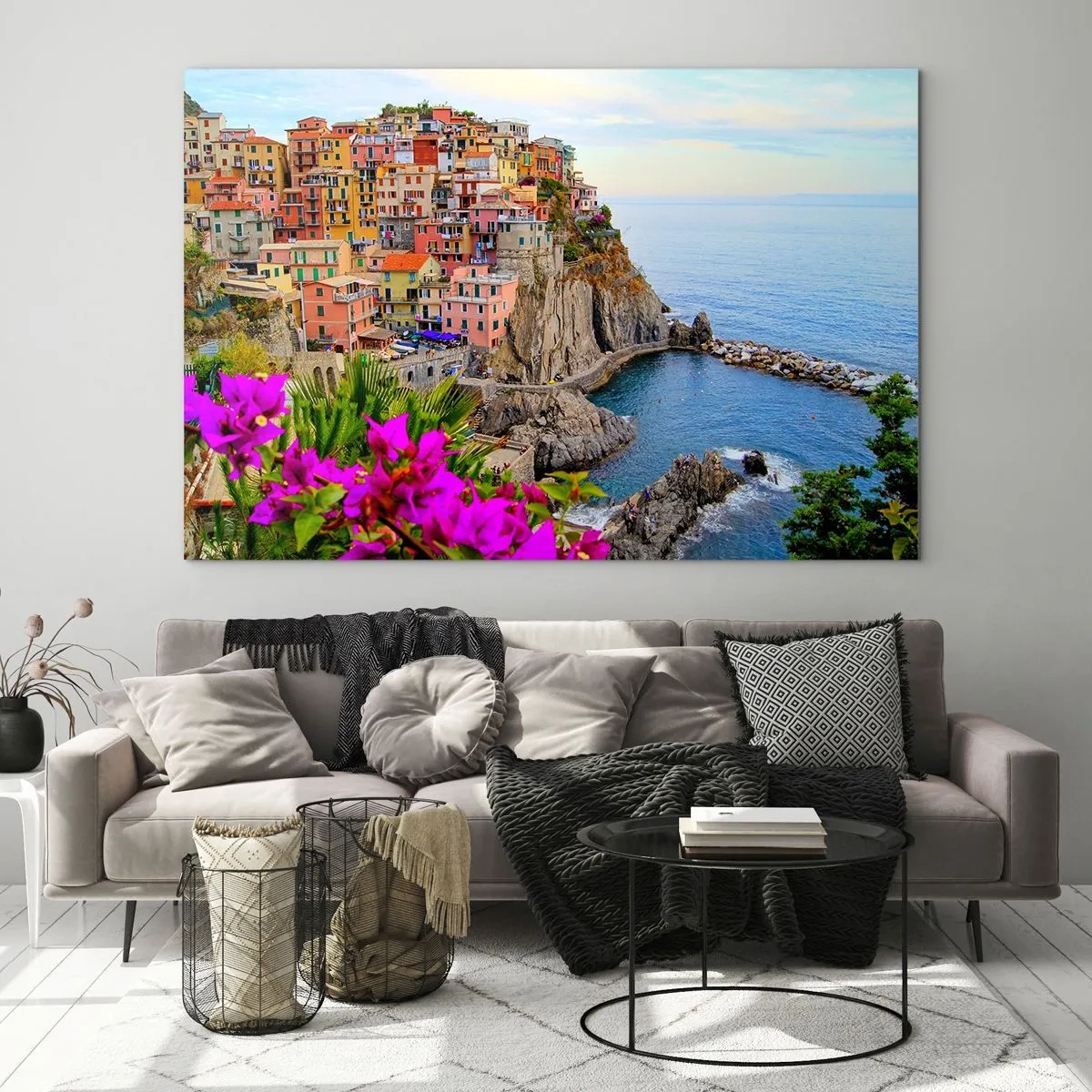 Impression sur verre - Image sur verre - Maisons colorées sur une falaise surplombant la mer - 70x50cm - La ville qui rit - Décoration murale moderne pour le salon et la chambre ARTTOR
