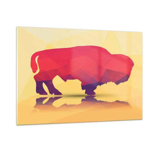 Impression sur verre - Image sur verre - Bison géométrique aux couleurs chaudes - 120x80cm - La force amarante du bison - Décoration murale moderne pour le salon et la chambre ARTTOR