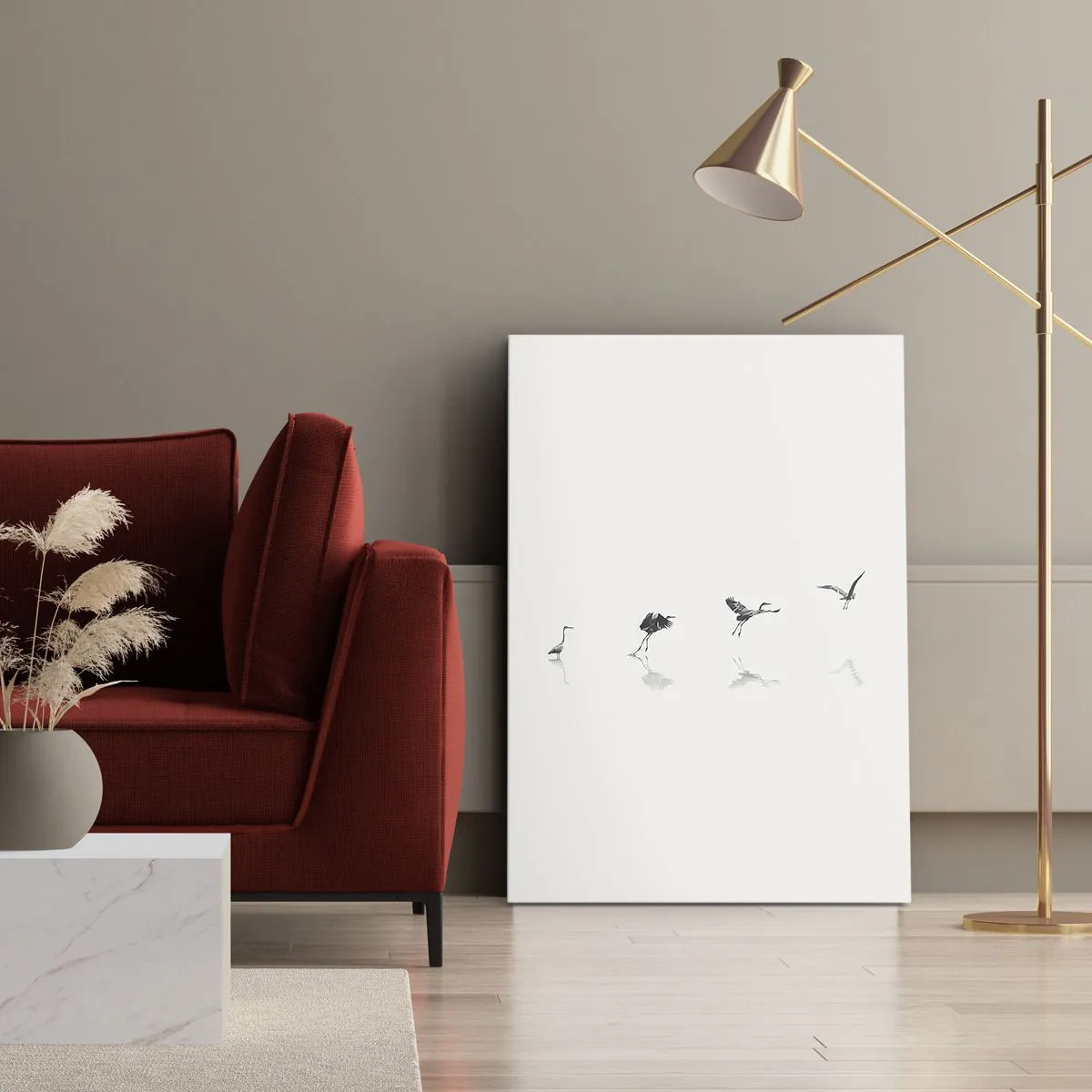 Impression sur toile - Image sur toile - Quatre silhouettes d'oiseaux se reflètent dans l'eau calme - 50x70cm - Quatre étapes simples - Décoration murale moderne pour le salon et la chambre ARTTOR
