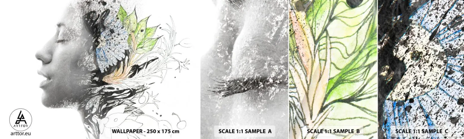 Échantillon de Papier Peint Autocollant Deluxe Sticker - Immergé dans la nature - Abstraction, Visage de femme, Fleurs - 100x30 cm