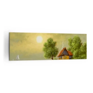 Impression sur toile - Image sur toile - Maison au bord du lac dans la lumière du coucher du soleil - 160x50cm - Beau, comme une image - Décoration murale moderne pour le salon et la chambre ARTTOR